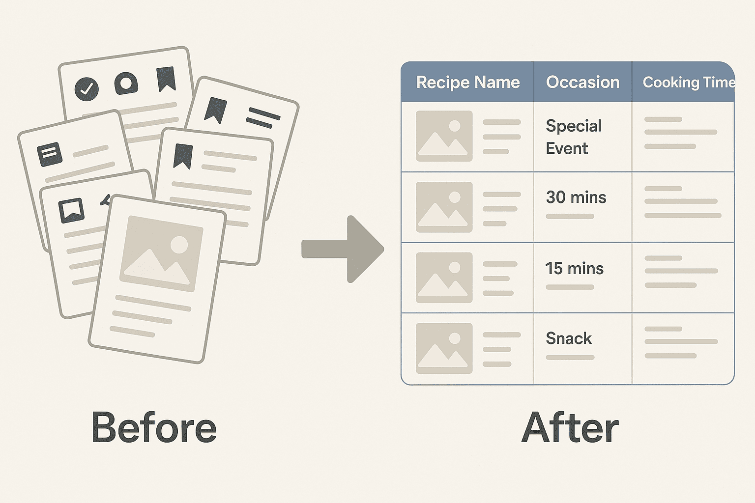 Before/after comparison showing scattered recipe collection versus organized meal inspiration board