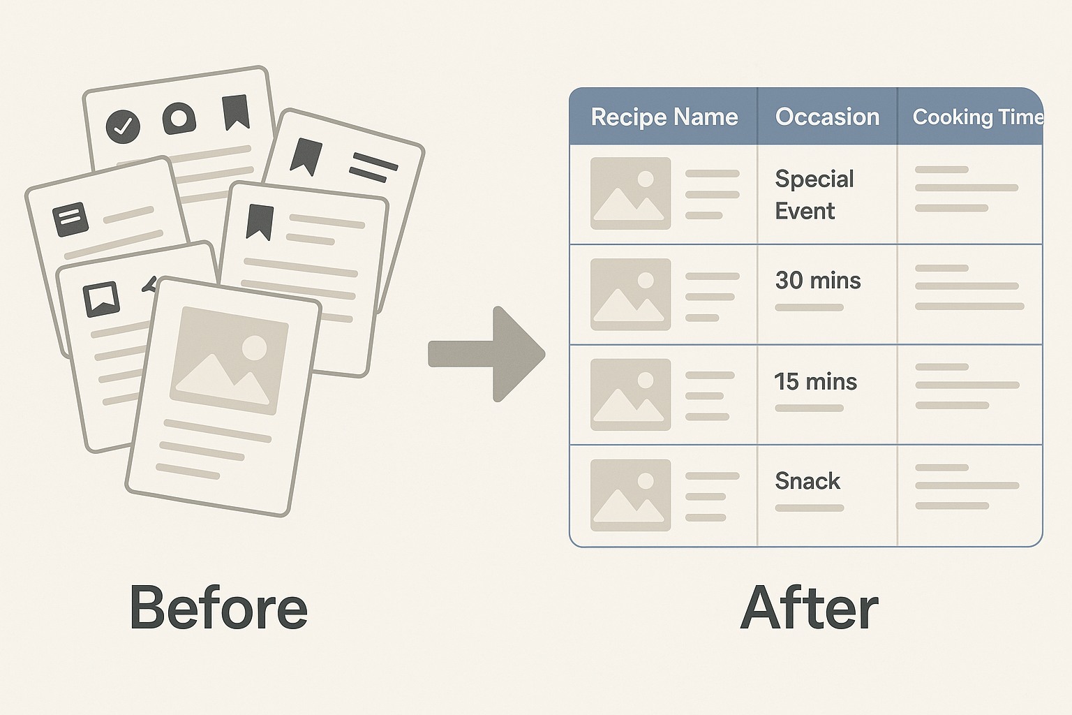 Before/after comparison showing scattered recipe collection versus organized meal inspiration board
