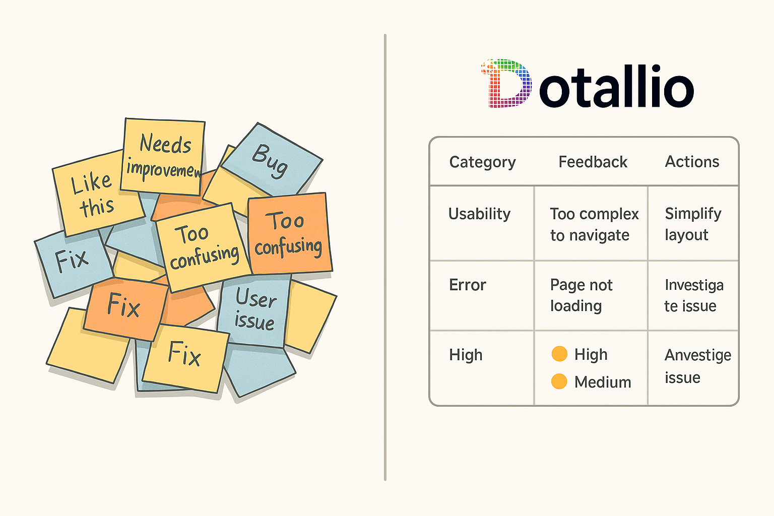 Before/after comparison showing chaotic sticky notes versus organized user feedback insights in Dotallio