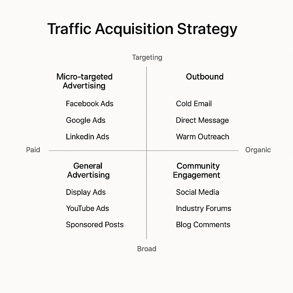 Traffic acquisition strategy matrix showing different channels and targeting approaches