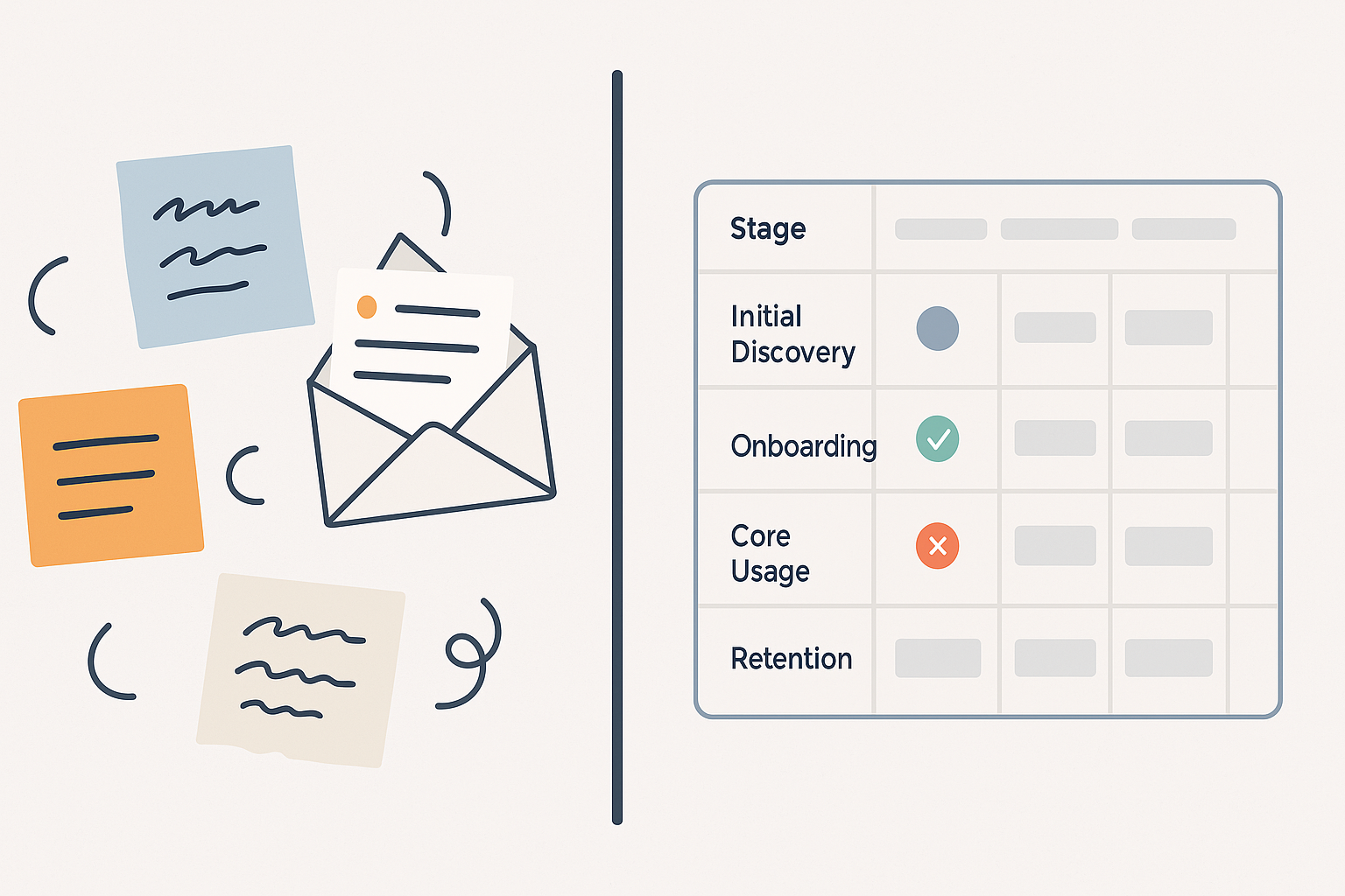 Before/after comparison showing scattered user feedback versus a structured journey map in Dotallio